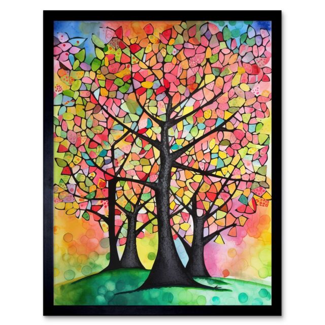 "Artery8 Wall Art Print Vibrant Blossoming Trees In Spring Folk Art Watercolour Painting Art Framed in Black - Size: W12"" x H16""" - image 1