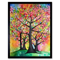 "Artery8 Wall Art Print Vibrant Blossoming Trees In Spring Folk Art Watercolour Painting Art Framed in Black - Size: W12"" x H16""" - thumbnail 1