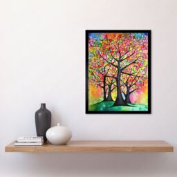 "Artery8 Wall Art Print Vibrant Blossoming Trees In Spring Folk Art Watercolour Painting Art Framed in Black - Size: W12"" x H16""" - thumbnail 2