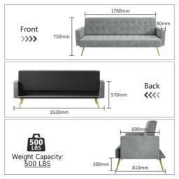 FLAVORA 3 Seater Grey Sofa Bed Luxury Velvet - Size: 0.6m2 - thumbnail 2
