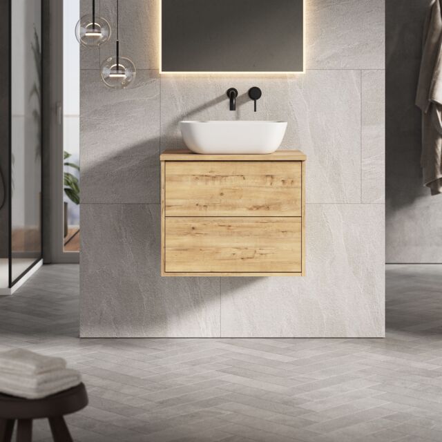 Banyetti Venti 600mm Wall Hung Vanity Unit with Matching Worktop - Ostippo Oak in Light Oak - image 1