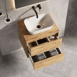 Banyetti Venti 600mm Wall Hung Vanity Unit with Matching Worktop - Ostippo Oak in Light Oak - thumbnail 4