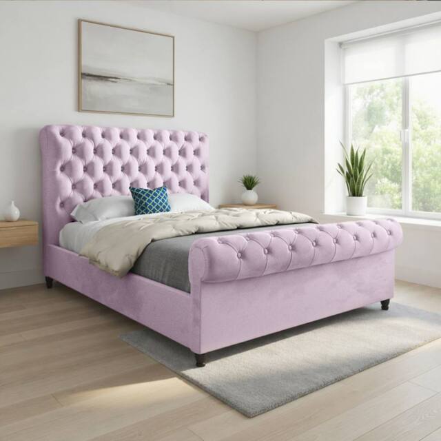 Casani Stourpaine Sleigh Upholstered Pink Soft Velvet Designer Bed Frame - Size: Double - image 1