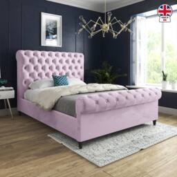 Casani Stourpaine Sleigh Upholstered Pink Soft Velvet Designer Bed Frame - Size: Double - thumbnail 5