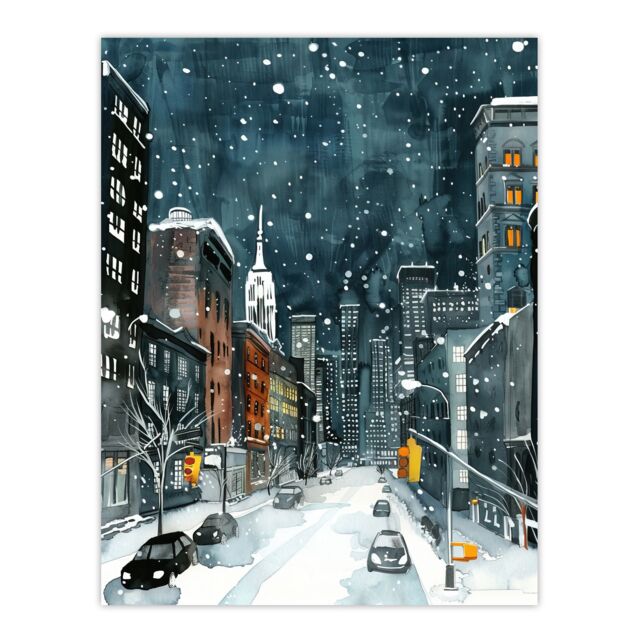 "Artery8 New York City Street Winter Night Snow Cityscape Wall Art Print in Blue - Size: W18"" x H24""" - image 1