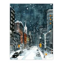 "Artery8 New York City Street Winter Night Snow Cityscape Wall Art Print in Blue - Size: W18"" x H24""" - thumbnail 1