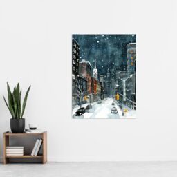 "Artery8 New York City Street Winter Night Snow Cityscape Wall Art Print in Blue - Size: W18"" x H24""" - thumbnail 4