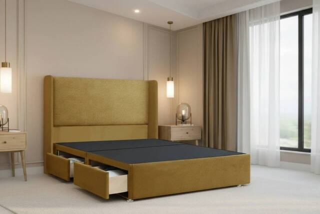 "Nexus Mattresses Ltd Portofino Plush Divan 2 Drawers Foot-End 54""Winged Headboard in Mustard - Size: Double" - image 1