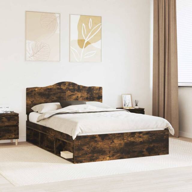 Berkfield Home Bed Frame Smoked Oak 140 x 200 cm Solid Pine Wood in Brown - image 1