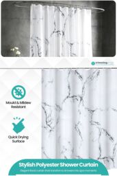 Neel Blue Grey & White Marble Polyester Shower Curtain With 12 Hooks, Waterproof - 180x200cm - Size: 180 cm width x 200 cm drop - thumbnail 3