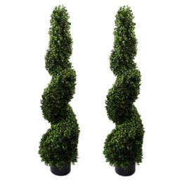 Leaf Artificial 120cm Pair of Spiral Buxus Tree UV Resistant Outdoor in Green - thumbnail 1