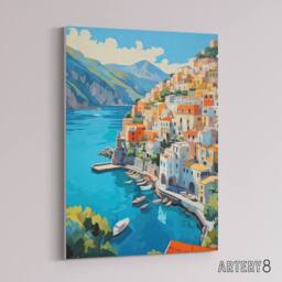 "Artery8 Amalfi Coast Italy Coastal Landscape Canvas Wall Art Print in Blue - Size: W24"" x H32""" - thumbnail 2