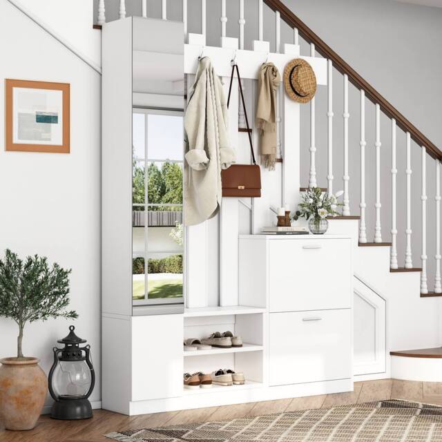 Merax 5-in-1 Hall Tree with Full-Length Mirror, Coat Rack with Shoe Bench in White - image 1