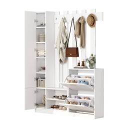 Merax 5-in-1 Hall Tree with Full-Length Mirror, Coat Rack with Shoe Bench in White - thumbnail 8