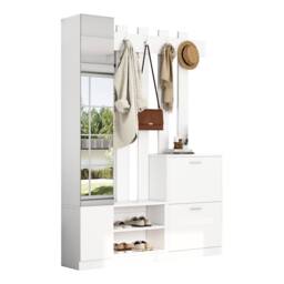Merax 5-in-1 Hall Tree with Full-Length Mirror, Coat Rack with Shoe Bench in White - thumbnail 7