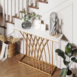 Costway Modern Console Table Faux Marble Narrow Entryway Hallway Table Accent Desk 120cm in White - thumbnail 9
