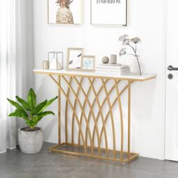 Costway Modern Console Table Faux Marble Narrow Entryway Hallway Table Accent Desk 120cm in White - thumbnail 4