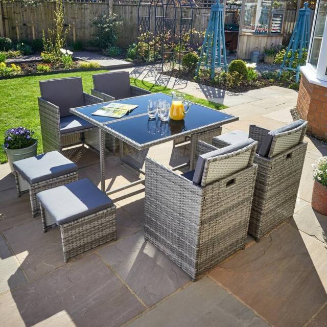 Home Source 9 Piece Rattan Garden Furniture Set 4 Chairs 4 Footstool Chairs Table in Grey - image 1