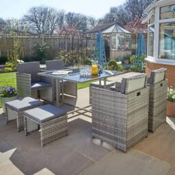 Home Source 9 Piece Rattan Garden Furniture Set 4 Chairs 4 Footstool Chairs Table in Grey - thumbnail 5