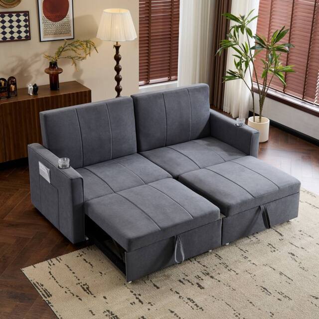 BTM King Size Pull Out Sofa Bed Convertible Fabric Couch with Cup Holders in Grey - image 1