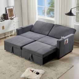 BTM King Size Pull Out Sofa Bed Convertible Fabric Couch with Cup Holders in Grey - thumbnail 9