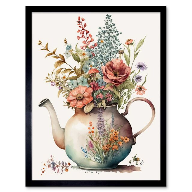 "Artery8 Wall Art Print Flower Bouquet in a Floral Design Ceramic Teapot Art Framed in Black - Size: W12"" x H16""" - image 1