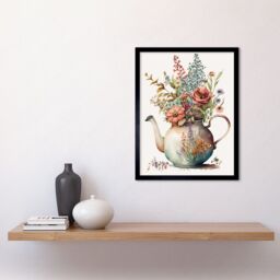 "Artery8 Wall Art Print Flower Bouquet in a Floral Design Ceramic Teapot Art Framed in Black - Size: W12"" x H16""" - thumbnail 2