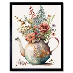 "Artery8 Wall Art Print Flower Bouquet in a Floral Design Ceramic Teapot Art Framed in Black - Size: W12"" x H16""" - thumbnail 1