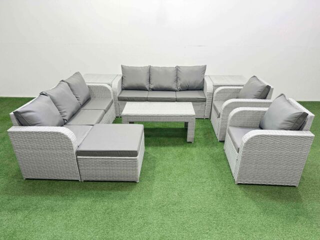 Fimous PE Rattan High Back Lounge Sofa Set Patio Oblong Coffee Table & Chairs Set w/ 3 Seater Sofa Reclining Chair Big Footstool 2 Side Table Light - image 1