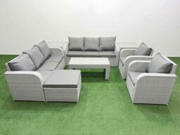 Fimous PE Rattan High Back Lounge Sofa Set Patio Oblong Coffee Table & Chairs Set w/ 3 Seater Sofa Reclining Chair Big Footstool 2 Side Table Light - thumbnail 2