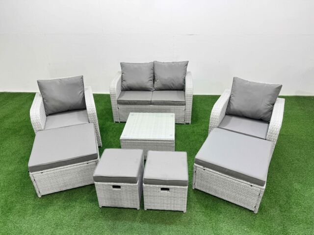 Fimous PE Rattan Love Sofa Reclining Chair Set with 4 Footstools Light Grey - image 1