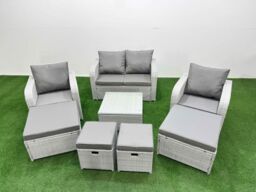 Fimous PE Rattan Love Sofa Reclining Chair Set with 4 Footstools Light Grey - thumbnail 2
