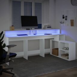 Berkfield Home Desk with LED Lights White 200x104x91 cm Engineered Wood - Size: 200 x 104 x 91 cm - thumbnail 5