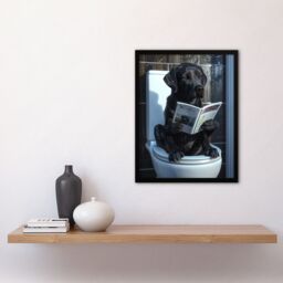 "Artery8 Dog Lover Funny Black Labrador Reading Toilet Bathroom Framed Art - Size: W12"" x H16""" - thumbnail 2