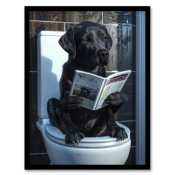 "Artery8 Dog Lover Funny Black Labrador Reading Toilet Bathroom Framed Art - Size: W12"" x H16""" - thumbnail 1