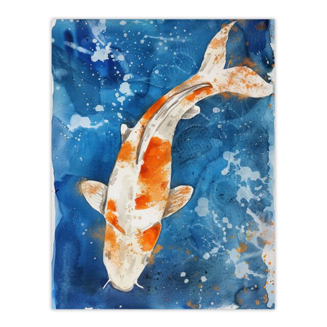 "Artery8 Japanese Koi Carp Fish in Pond Watercolour Splat Wall Art Print in Orange - Size: W12"" x H16""" - image 1