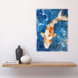 "Artery8 Japanese Koi Carp Fish in Pond Watercolour Splat Wall Art Print in Orange - Size: W12"" x H16""" - thumbnail 4