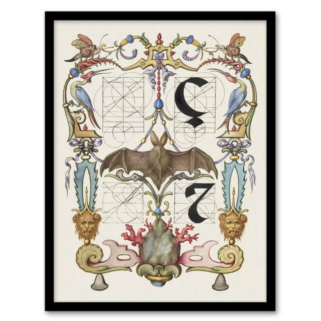 Artery8 Pictoral Letter Guide with Bat Calligraphy Framed Wall Art Print in White - Size: A4 - image 1