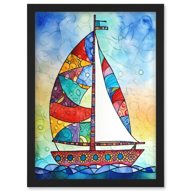 Artery8 Sailboat With Flower Pattern Folk Art Artwork Framed Wall Art Print A4 in Black - image 1