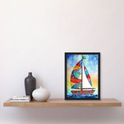 Artery8 Sailboat With Flower Pattern Folk Art Artwork Framed Wall Art Print A4 in Black - thumbnail 2