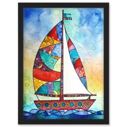 Artery8 Sailboat With Flower Pattern Folk Art Artwork Framed Wall Art Print A4 in Black - thumbnail 1