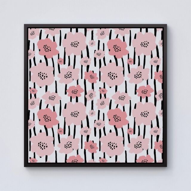"Warren Reed - Designer Pastel Pink Flowers Framed Canvas in Black - Size: W16"" x H16""" - image 1