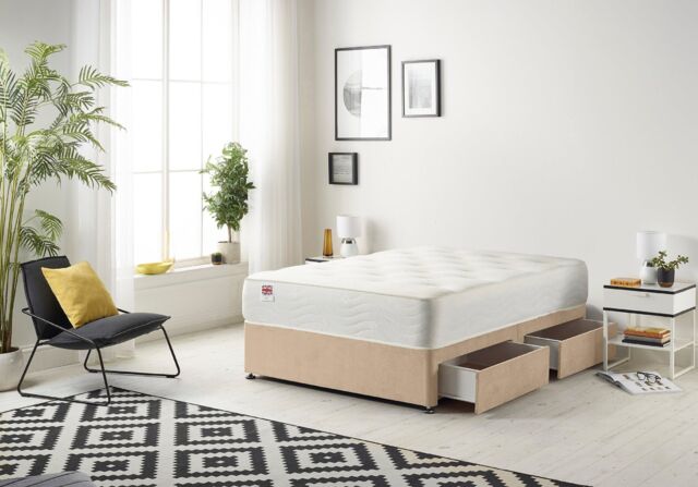 Somnior Plush Velvet Divan Bed with 2 drawers & Sprung Memory Foam Mattress in Beige - Size: Single - image 1