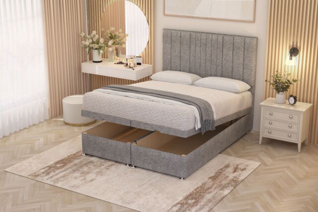 Somnior Alexas Divan Ottoman Bed with Midnight Pocket Spring Mattress & Headboard Tweed Fabric in Grey - Size: Small Single - image 1