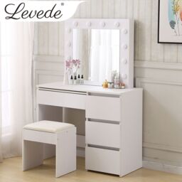 Levede Vanity Makeup Dressing Table White with Led Light Mirror Drawer PU Stool in Bright Green - thumbnail 1