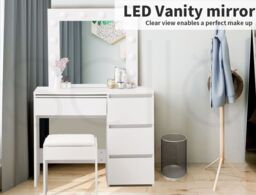 Levede Vanity Makeup Dressing Table White with Led Light Mirror Drawer PU Stool in Bright Green - thumbnail 4