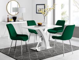 FurnitureboxUK Atlanta White High Gloss & Chrome 4 Seater Dining Table with X Shaped Legs & 4 Soft Velvet Pesaro Chairs in Green