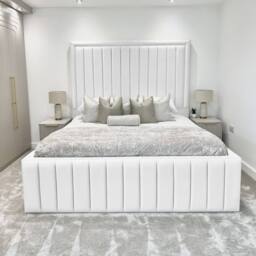 Living Comfort Bedz Hampton Slatted Base Upholstered Bed with 54-Inch panel Headboard in White - Size: Super King - thumbnail 2