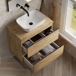 Banyetti Vatilla 700mm Wall Hung Vanity Unit with Matching Worktop - Ostippo Oak in Light Oak - thumbnail 3
