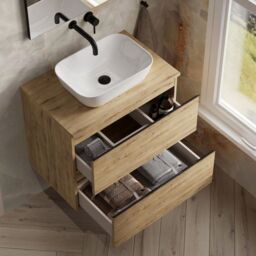 Banyetti Vatilla 700mm Wall Hung Vanity Unit with Matching Worktop - Ostippo Oak in Light Oak - thumbnail 4
